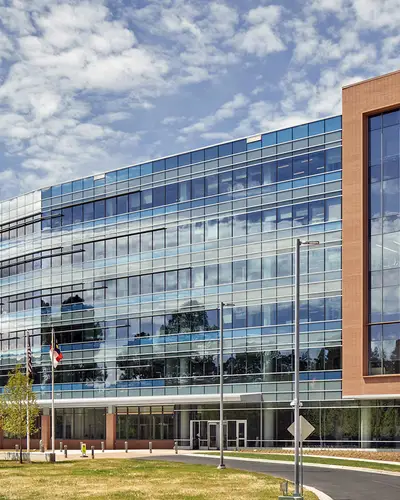 An exterior image of the flagship Horizon building at RTI's headquarters in Research Triangle Park.