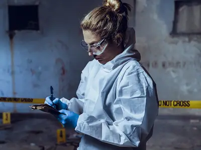 A female coroner wearing a protective suit takes notes at a crime scene.