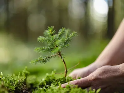 A closeup of someone planting an evergreen tree seedling.