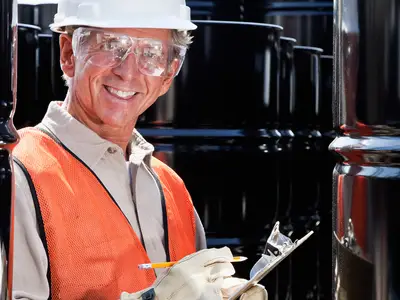 A male worker in a hard hat takes notes in a chemical plant