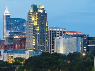 The downtown Raleigh skyline at night