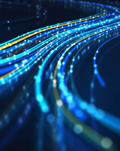 Abstract blue and yellow graphic that visualizes data speed and network
