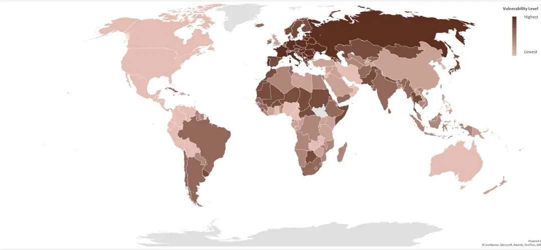 Country vulnerability level for COVID-19 due to the burden of high blood pressure.