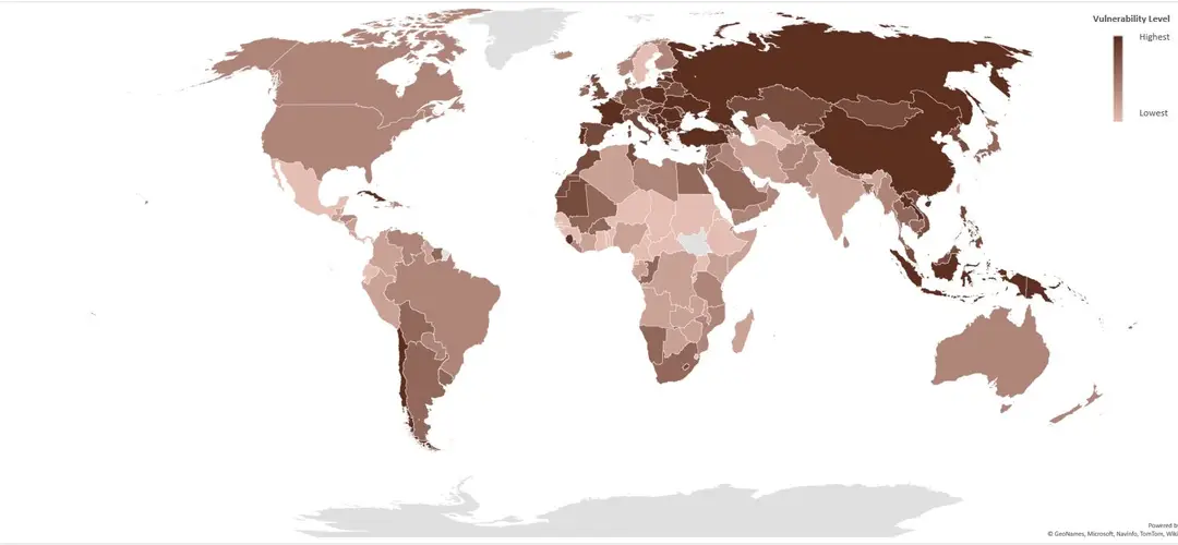 Country vulnerability level for COVID-19 due to the burden of smoking.