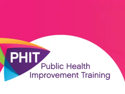 Colorful logo labeled "PHIT" alongside "Public Health Improvement Training" against a pink background.