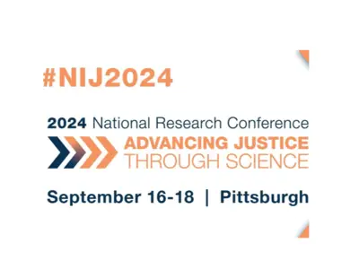 Conference logo displays event details for NIJ 2024 in Pittsburgh, emphasizing justice through science.