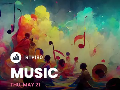 Musical graphic with keys, people, and clouds