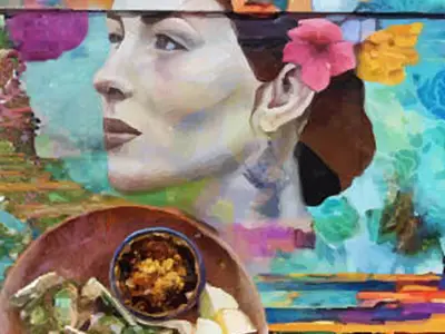 Painting of woman with flowers in her hair. Tacos and dip