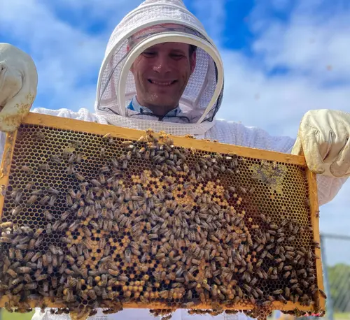 James Harrington in bee suit with the RTI bees