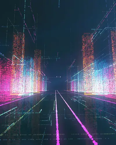 Neon-lit towers glowing along a reflective digital street in cyberspace.