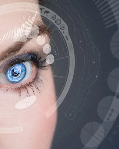 Eye with data and futuristic technology.
