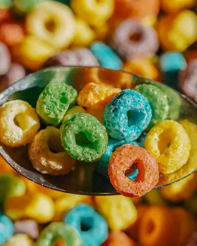 Spoon full of fruit loops cereal and milk