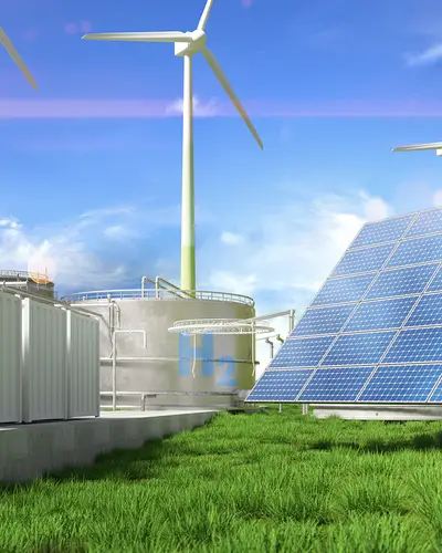 An illustration of different clean energy sources: hydrogen tanks, solar panels, and wind turbines.