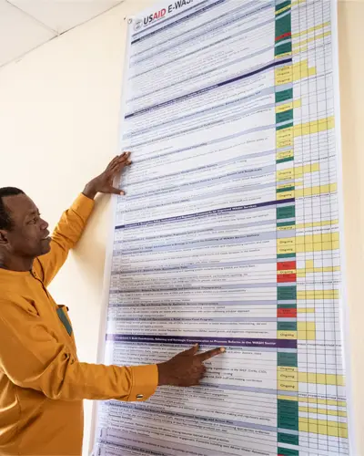 Photo of a Nigerian man smiling while pointing to a poster containing project data