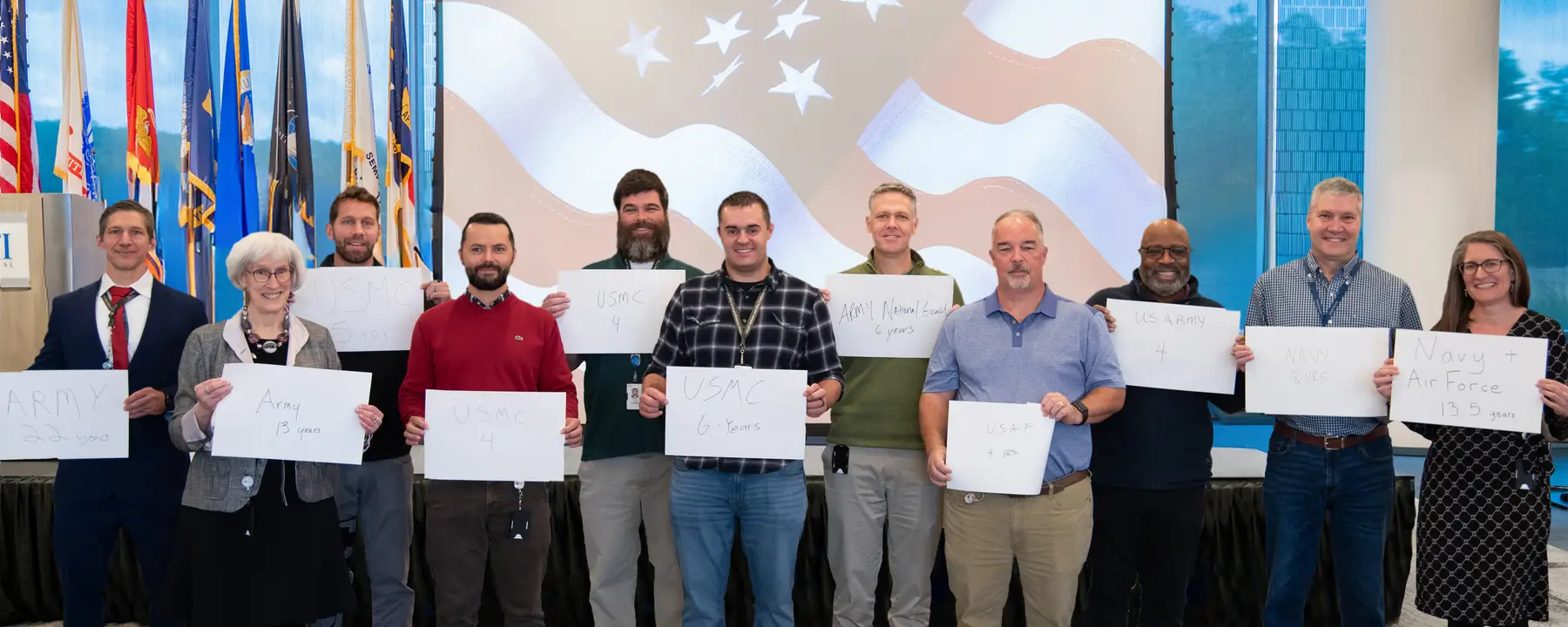 RTI employees celebrate Veterans Day in 2025 by displaying posters with their military branch and years of service.