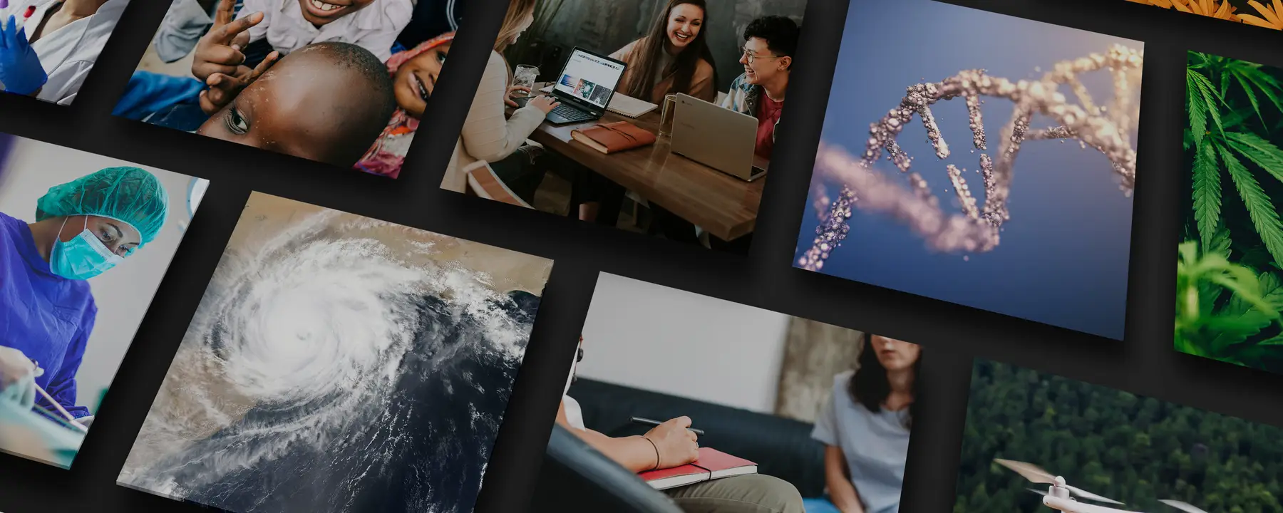 A collage of diverse images showcases healthcare, nature, technology, and human connection.