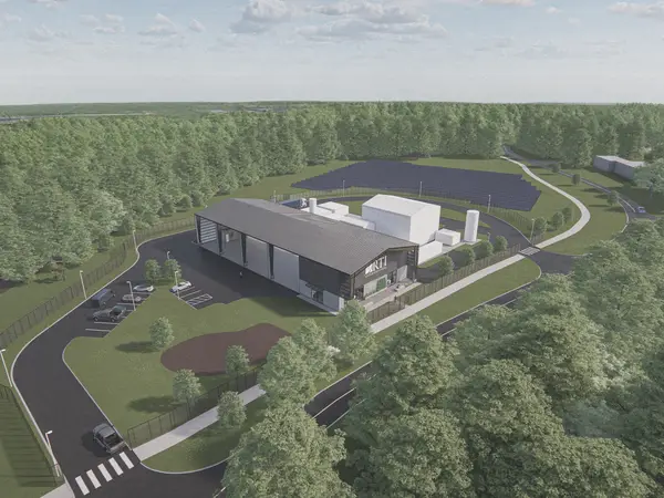 Aerial shot of drawing for the new RPX. Big open building with a solar panel field and trees