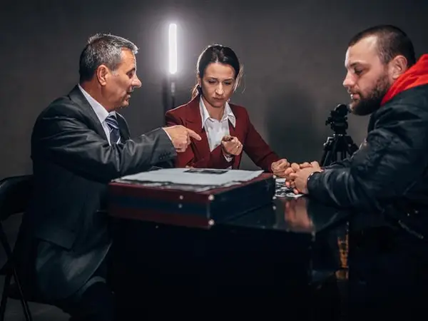 Detectives talking to person at an interview or interrogation table