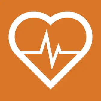 A white heart with a heartbeat line indicates health on an orange background.