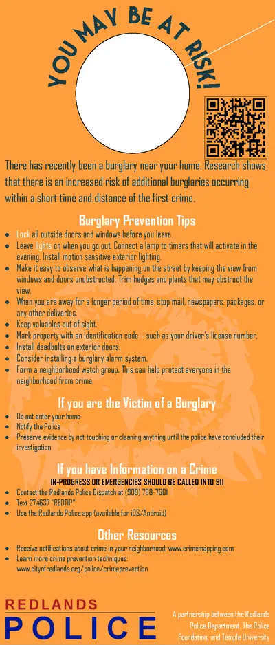 Orange bulletin highlighting burglary risks, offering prevention tips and police contact information for emergencies.