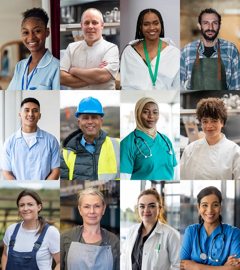 A collage of portraits of men and women wearing different work uniforms, such as scrubs or a chef's coat.