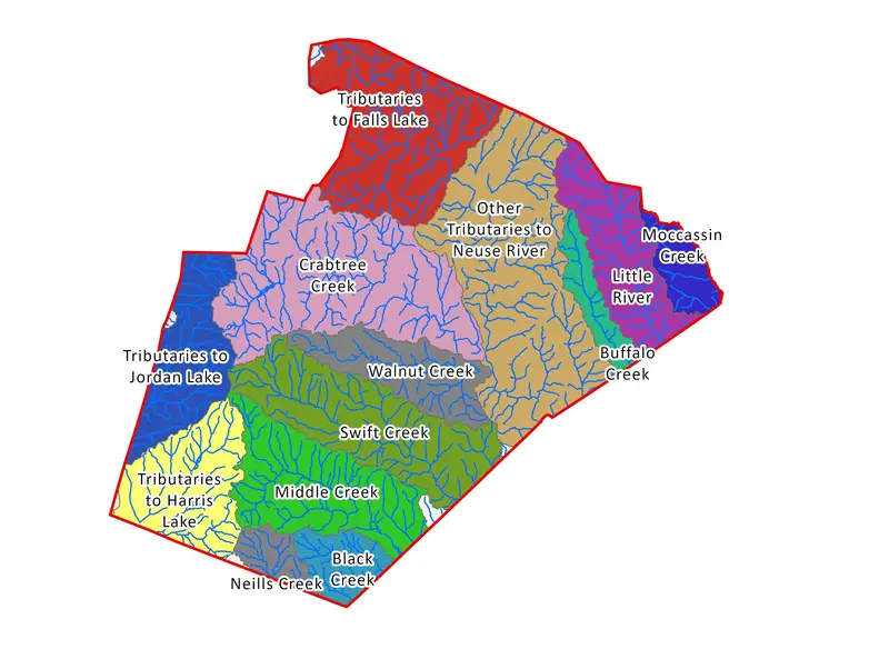Colorful map of wake county subbasins