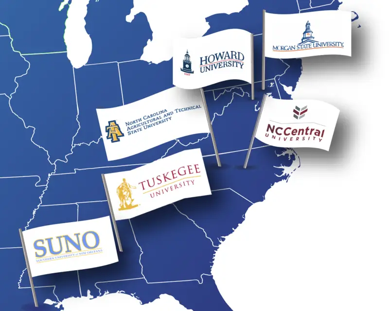 Flags representing universities are placed on a map of the eastern United States.