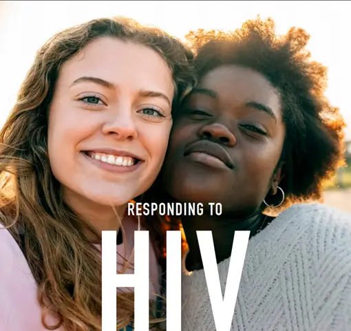Two people smiling on a brochure about responding to HIV