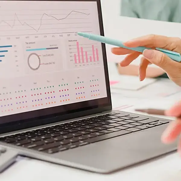 Closeup of someone using a stylus to point at a chart on a laptop screen.
