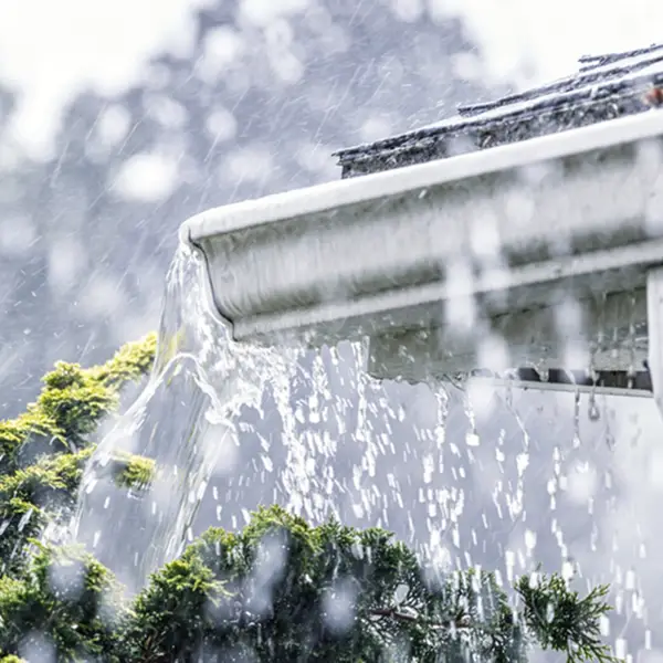 Rain falling on a roof and in a gutter 