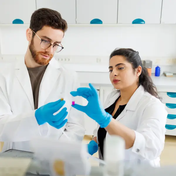 Photo of two individuals in a laboratory looking at lab samples.