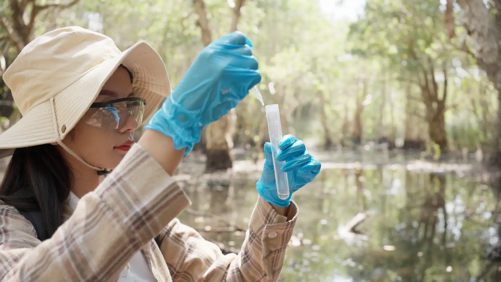 Woman collecting sample of water from swampy body of water