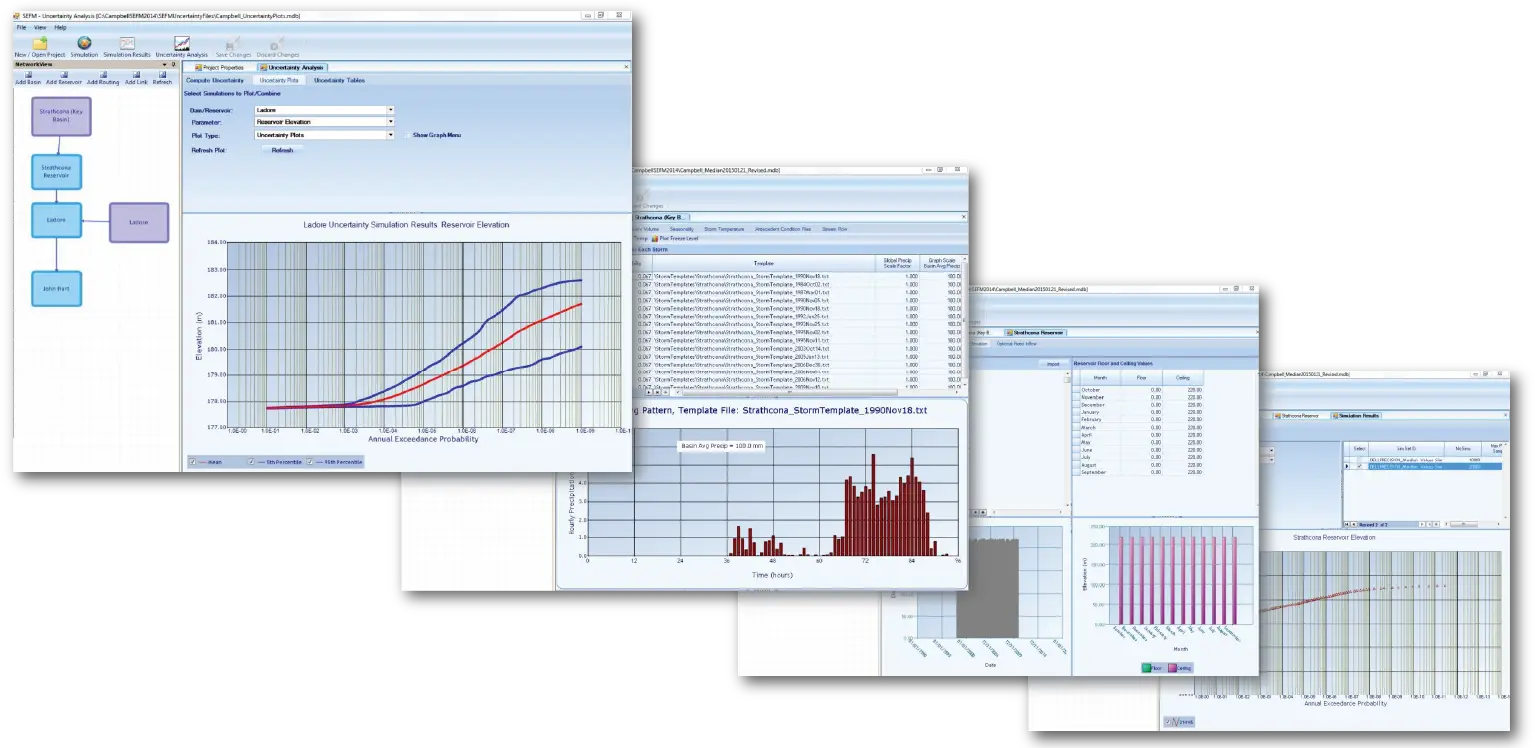 A series of screenshots from SEFM showing charts, tables, analyses, and simluations.