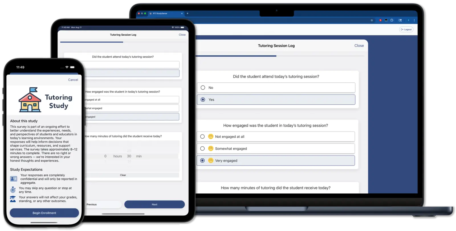StudySense surveys on a laptop, iPad, and iPhone