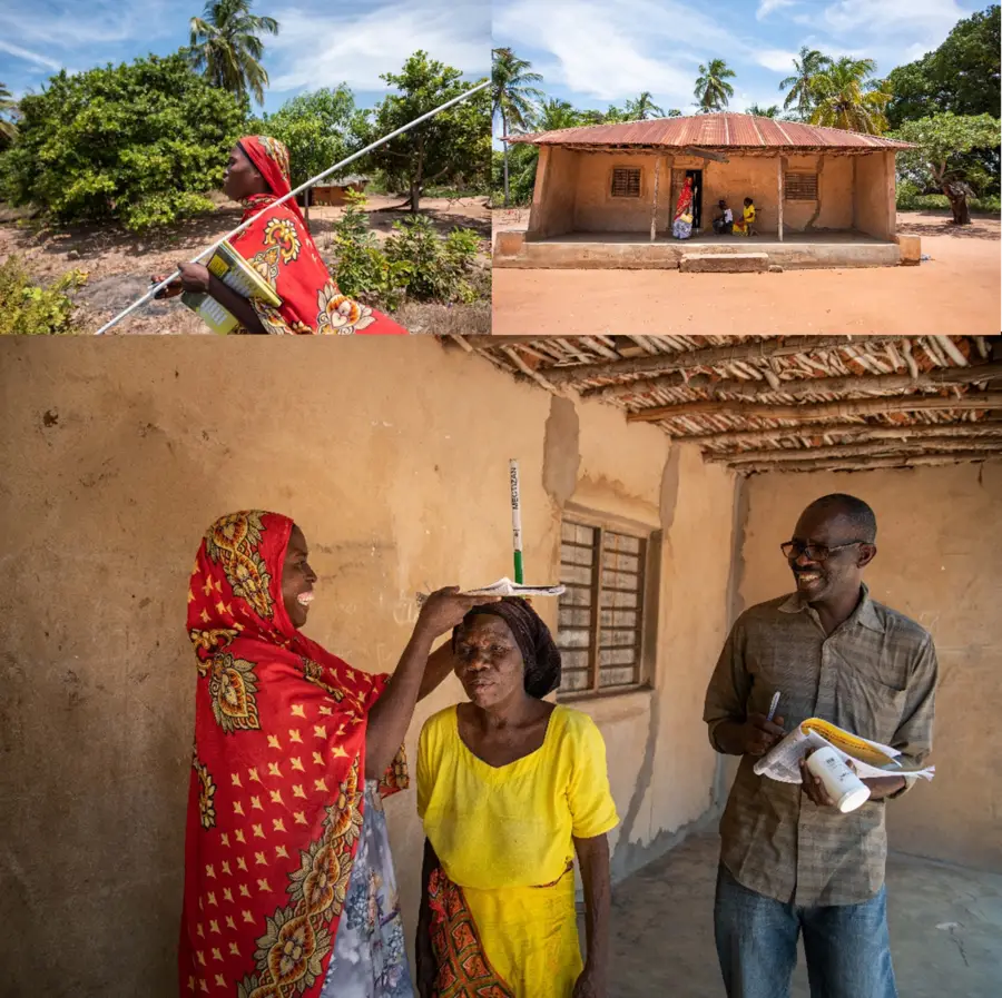 Community drug distributors measure the height of villagers in Kilwa to determine the right dose of LF medicine to give them during home visits