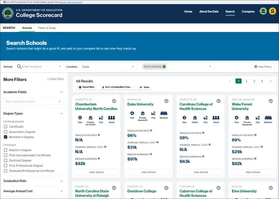 Screenshot of the College Scorecard dashboard