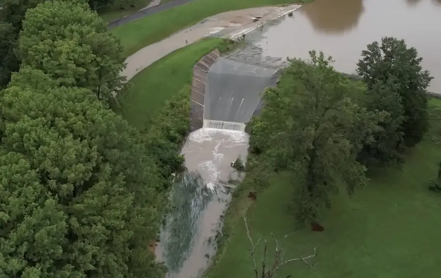 Dam overtopping aerial view