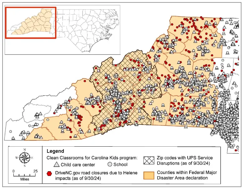 Map shows schools and child care facilities in Western North Carolina, along with areas experiencing disruptions from Hurricane Helene.