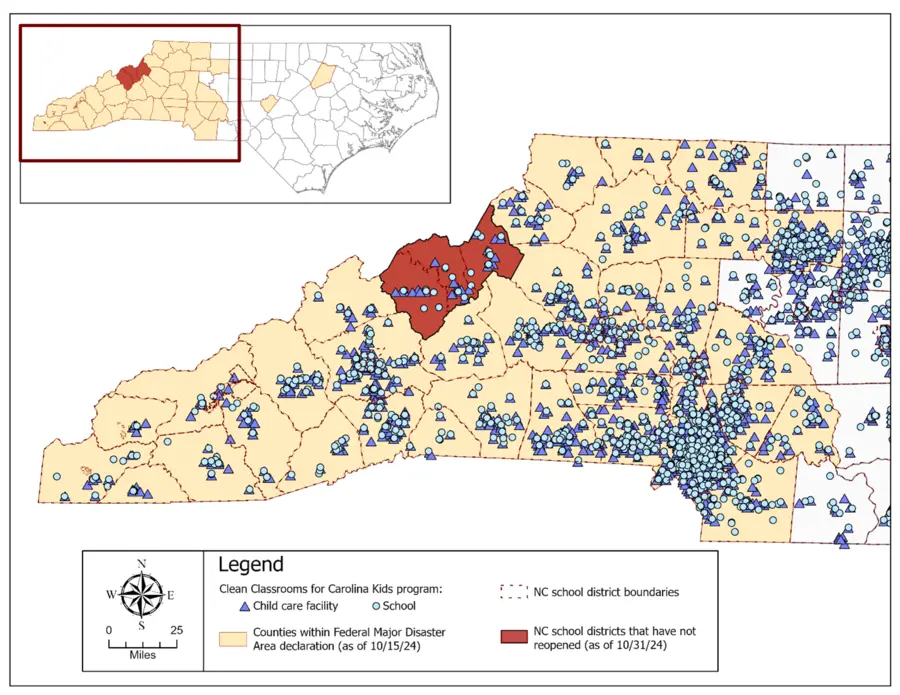 Map shows child care facilities and public schools in counties affected by Hurricane Helene.