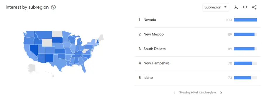 Map of the United States showing relative frequency of online searches for Polymer 80