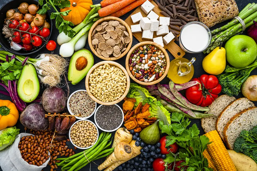 A variety of food, including beans, seeds, vegetables, fruits, gains