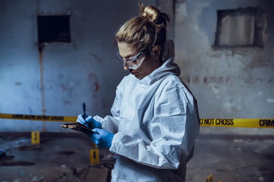 A female coroner wearing a protective suit takes notes at a crime scene.
