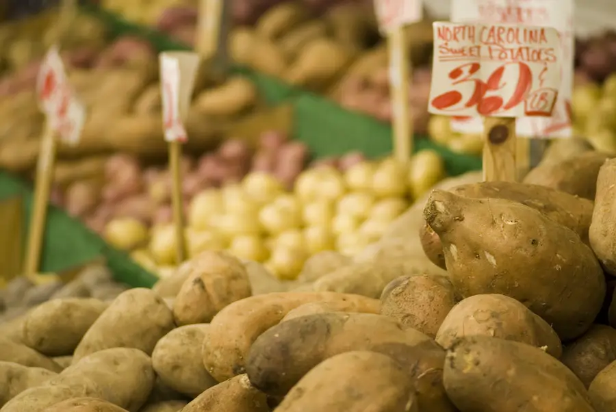 Sweet potatoes in a vegetable stand