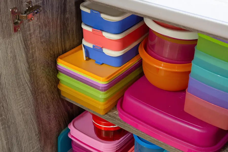 Various colors of plastic food containers