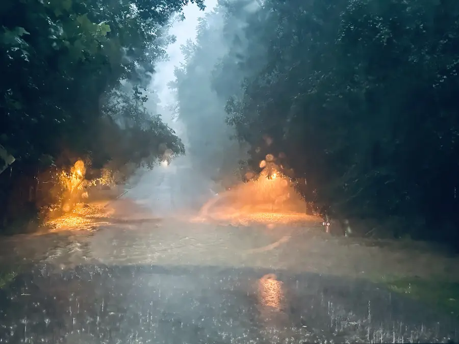 Flooded street with fire