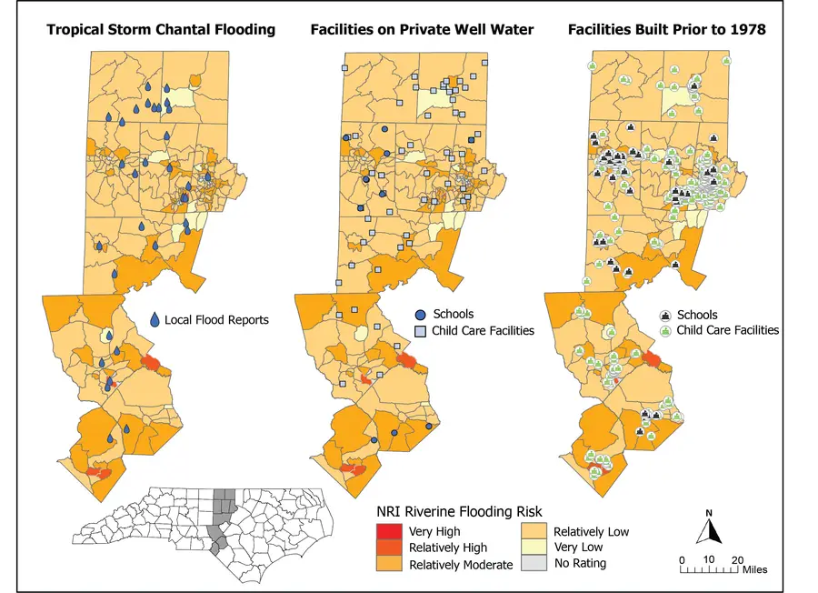 Color-coded map for tropical storm chantal flooding, facilities using private well water, and facilities built before 1978