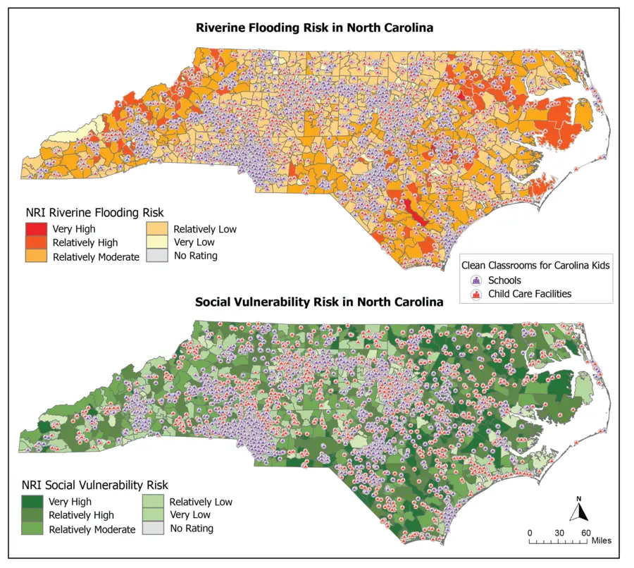 Color-coded map of riverine flood risk and social vulnerability risk in North Carolina