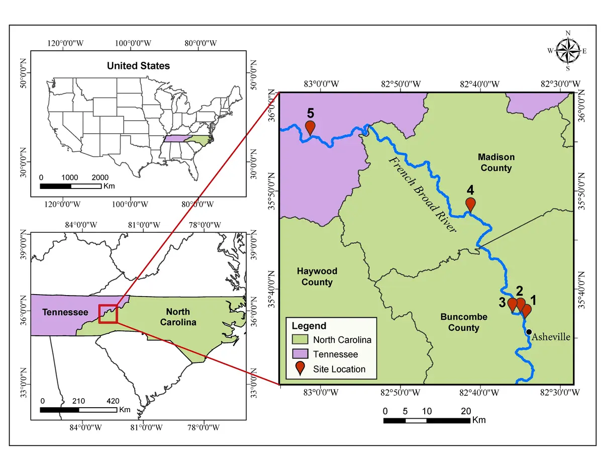 Map of sites on the border of Tennessee and North Carolina of sites being tested