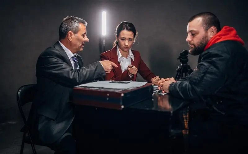 Detectives talking to person at an interview or interrogation table