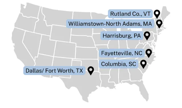 Map of U.S., highlighting six communities in NC, SC, TX, VT, MA, and PA